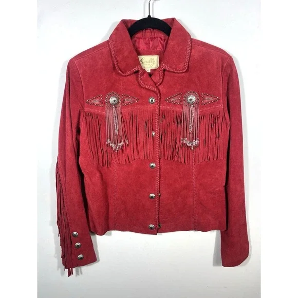 Scully Red Suede Leather Jacket Fringe Concho Beaded Medium Womens Western Wear - Picture 3 of 16